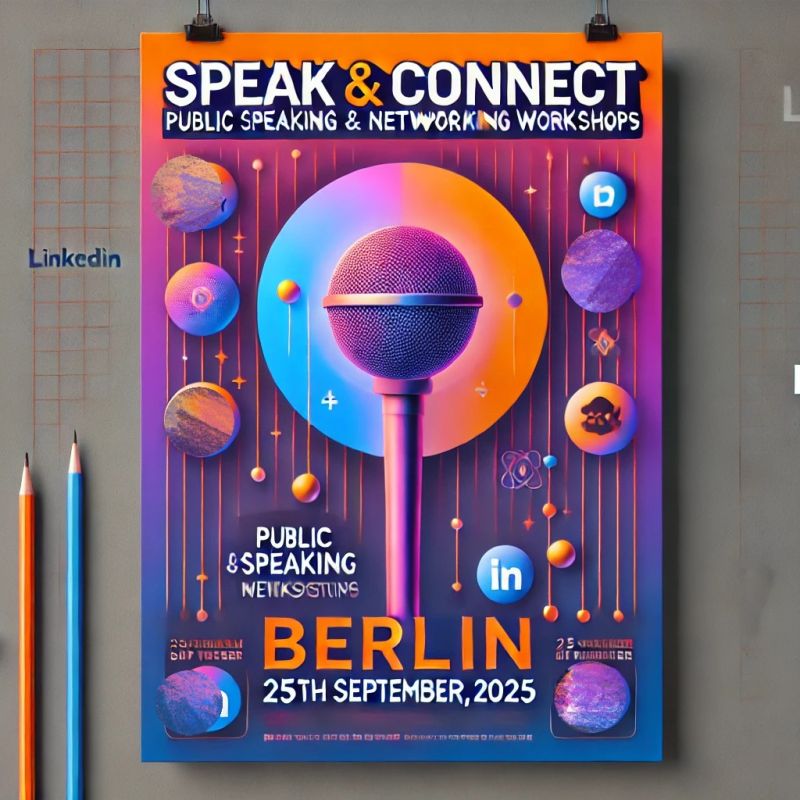 Speak and Connect public speaking and networking workshop poster for Berlin, September 2025