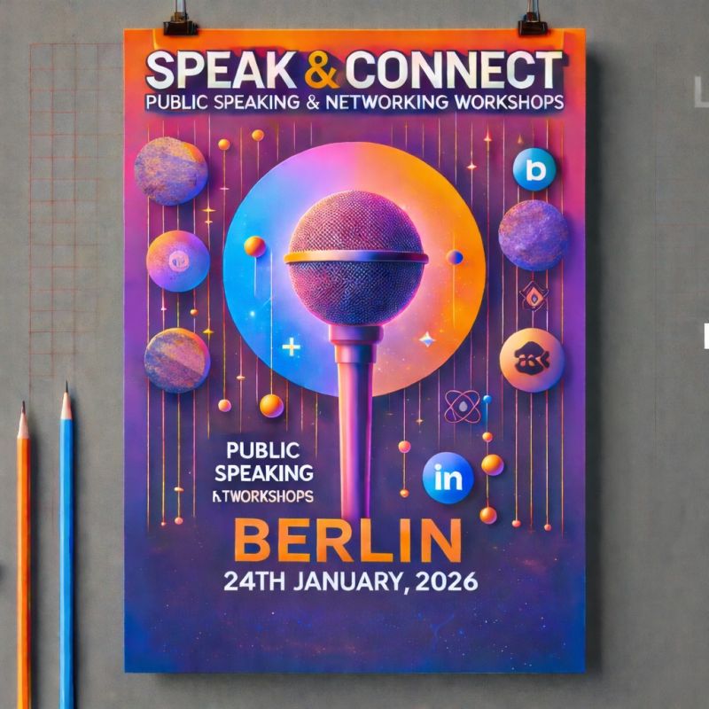 Speak and Connect public speaking and networking workshop poster for Berlin, January 2026
