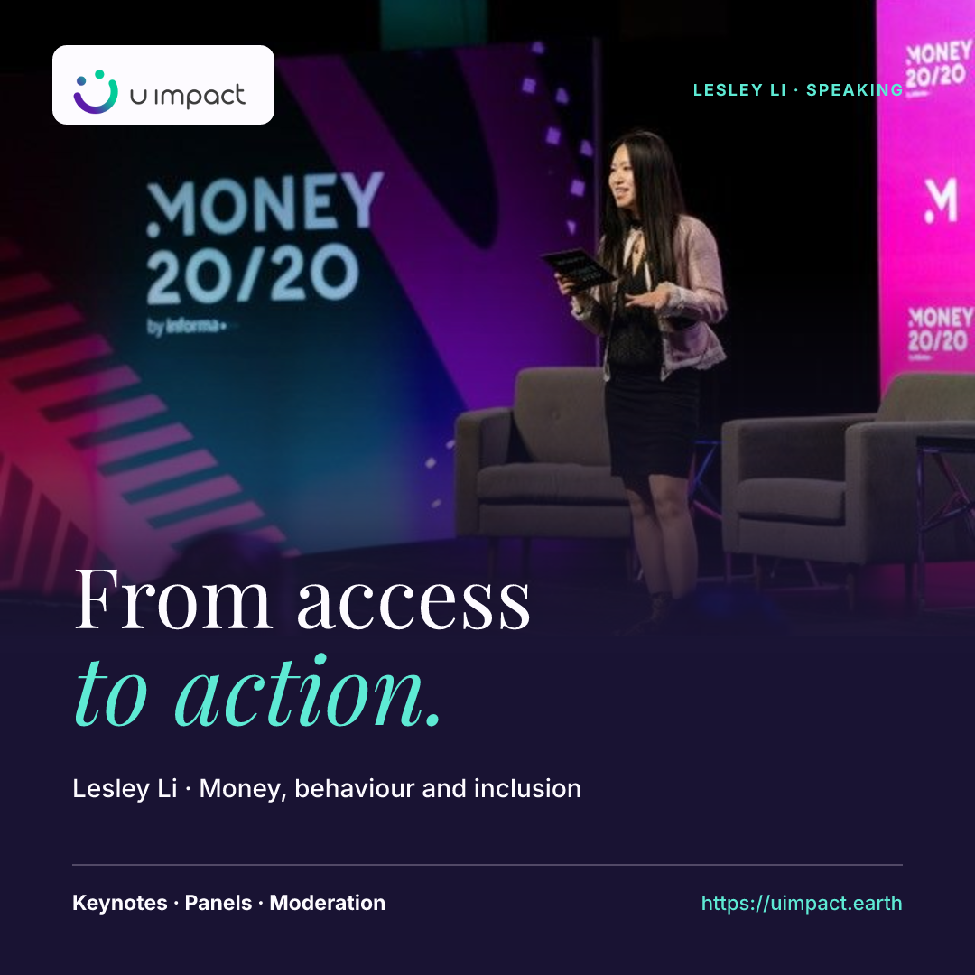 Lesley Li on stage at Money20/20. From access to action: money, behaviour and inclusion.